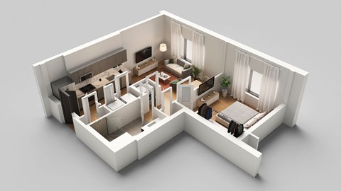 Floor plan for 1 bed, 1 bath, 897 sqft